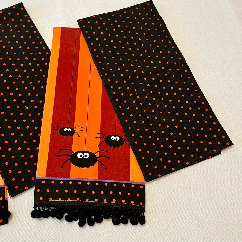 (4) Halloween Kitchen Guest Hand Towels Spiders Polka Dots Stripes Pom Poms